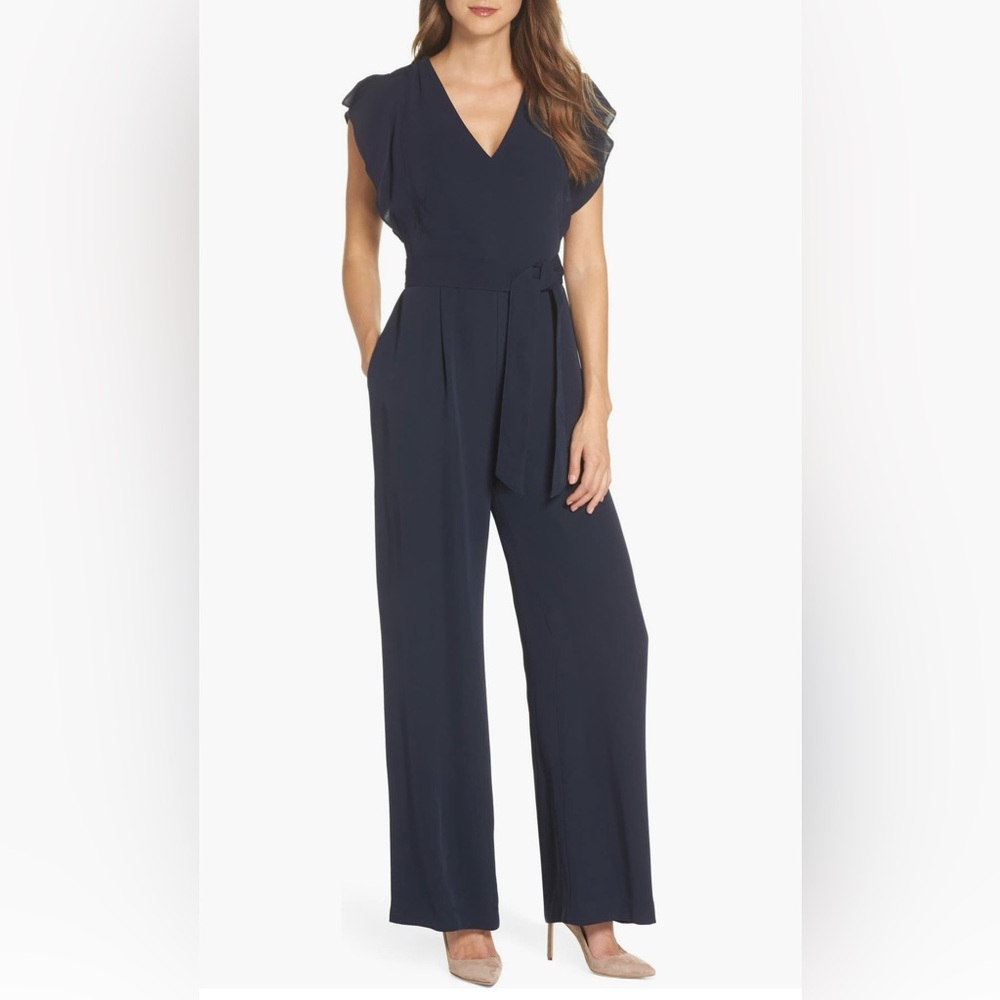 Eliza J Flutter Sleeve Crepe Wide Leg Jumpsuit